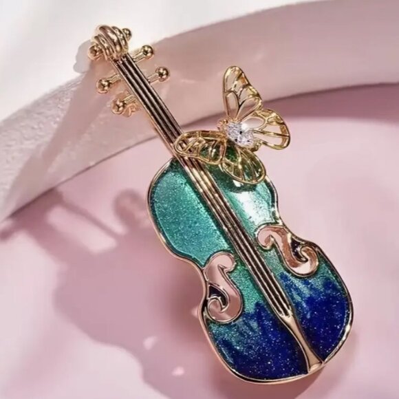 Novelty Musical Violin & Butterfly Design Charm Colorful Goldtoned Brooch - Picture 2 of 4